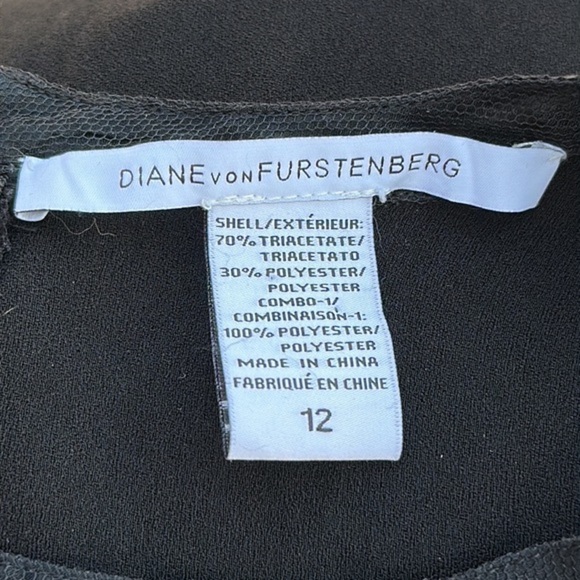 Diane Von Furstenburg Elsie Black Illusion Neck Long Sleeve Shift Dress Size 12 - Picture 6 of 7